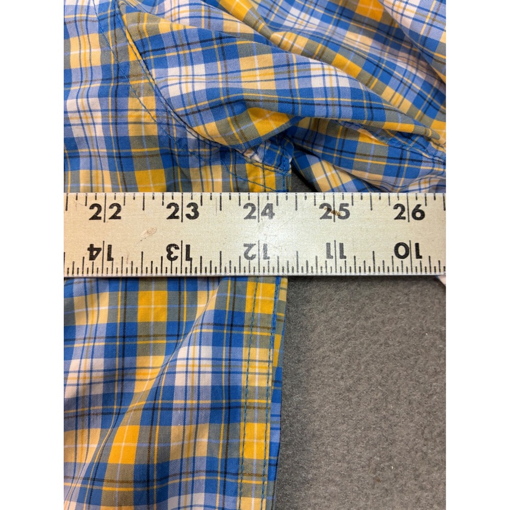 Cinch Mens Medium Button Down Shirt Cotton Blue Yellow Plaid Long Sleeve Pocket - Picture 8 of 8
